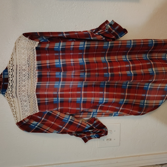 Men's Red Plaid Shirt with Lace Detail - Picture 8 of 16